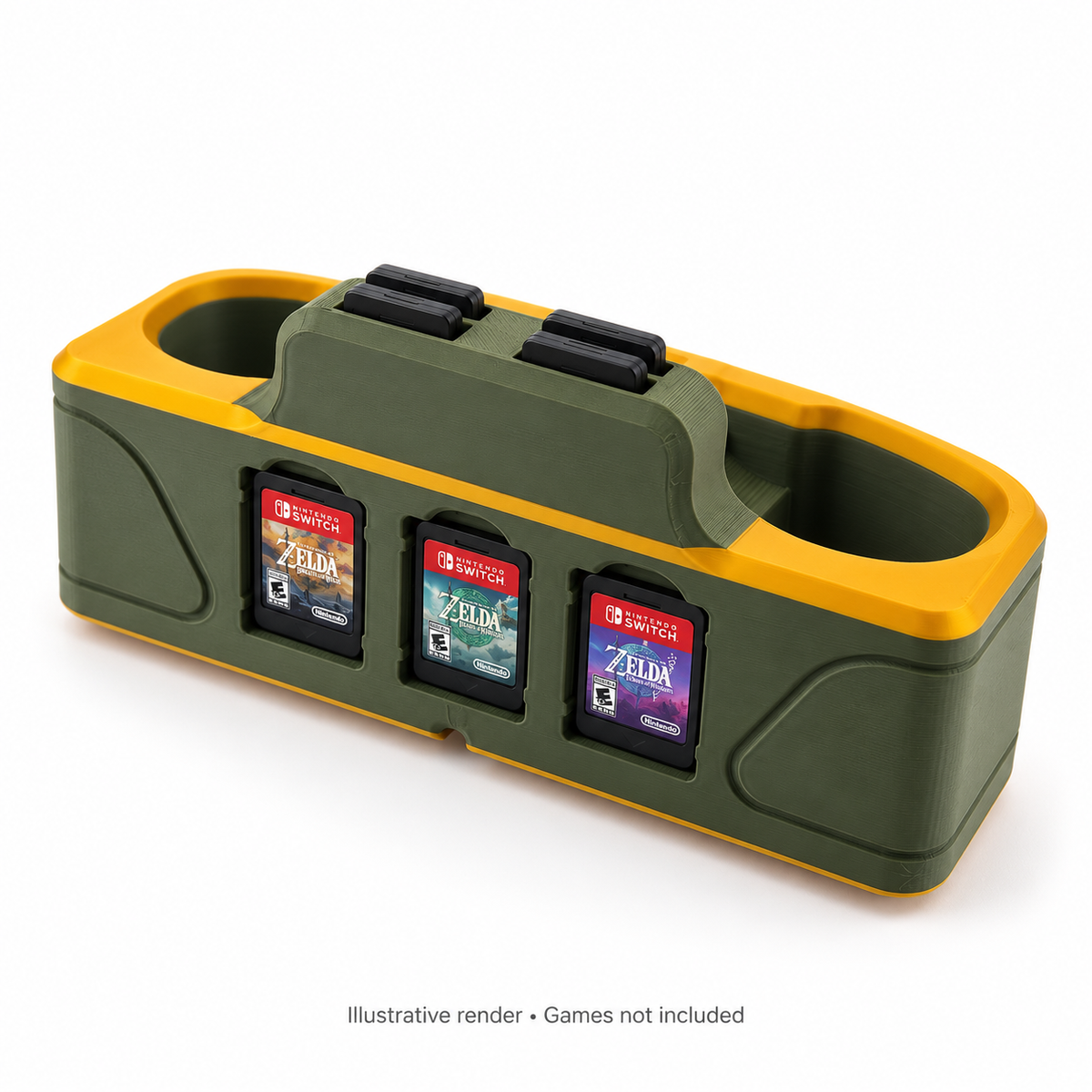 Illustrative rear view with three Zelda cartridges in recessed display pockets and four deeply seated top cartridges with black backs facing outward. Games not included.