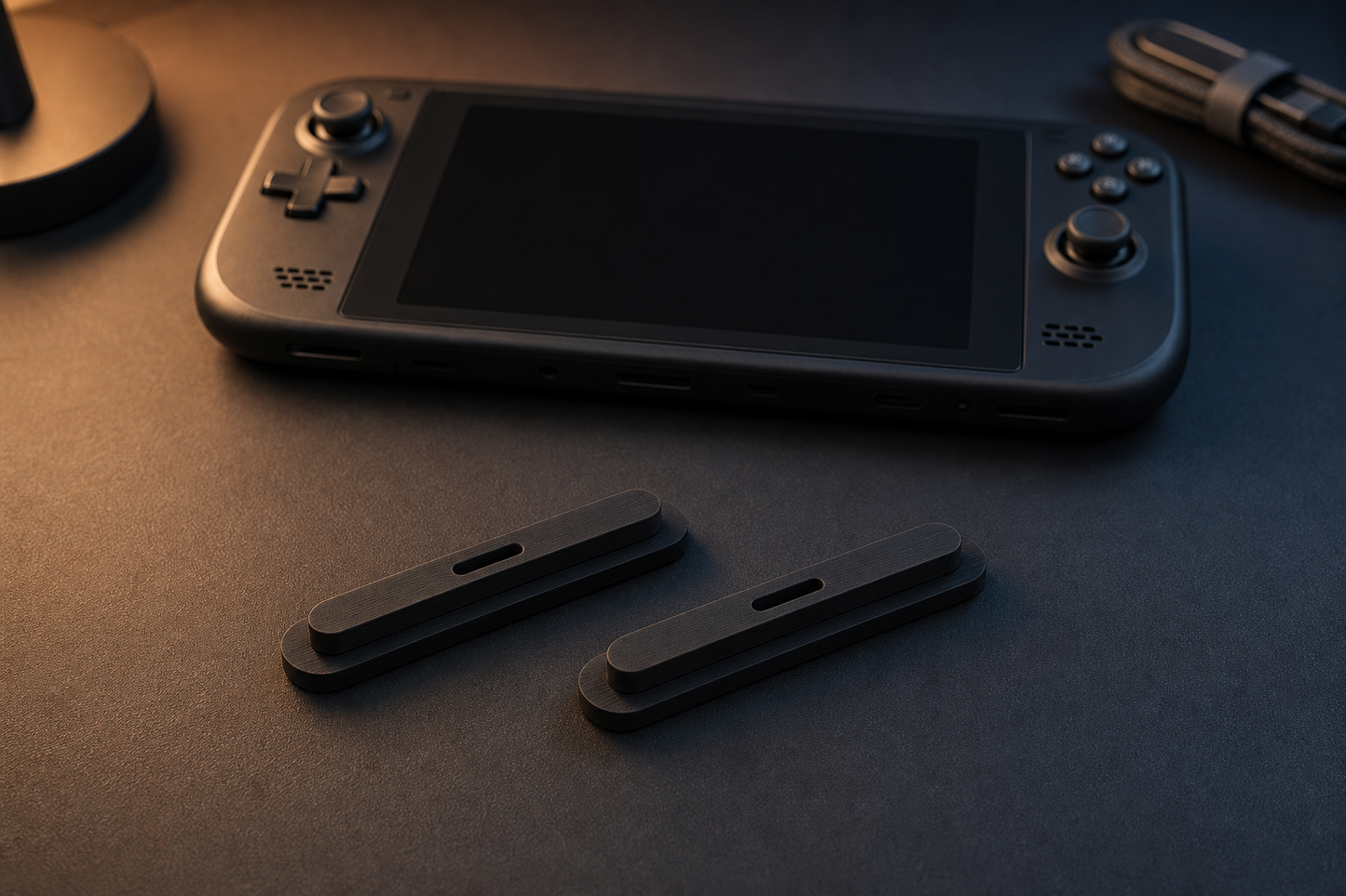 Pair of black magnetic controller slot dust covers on a dark gaming desk beside an unbranded handheld device