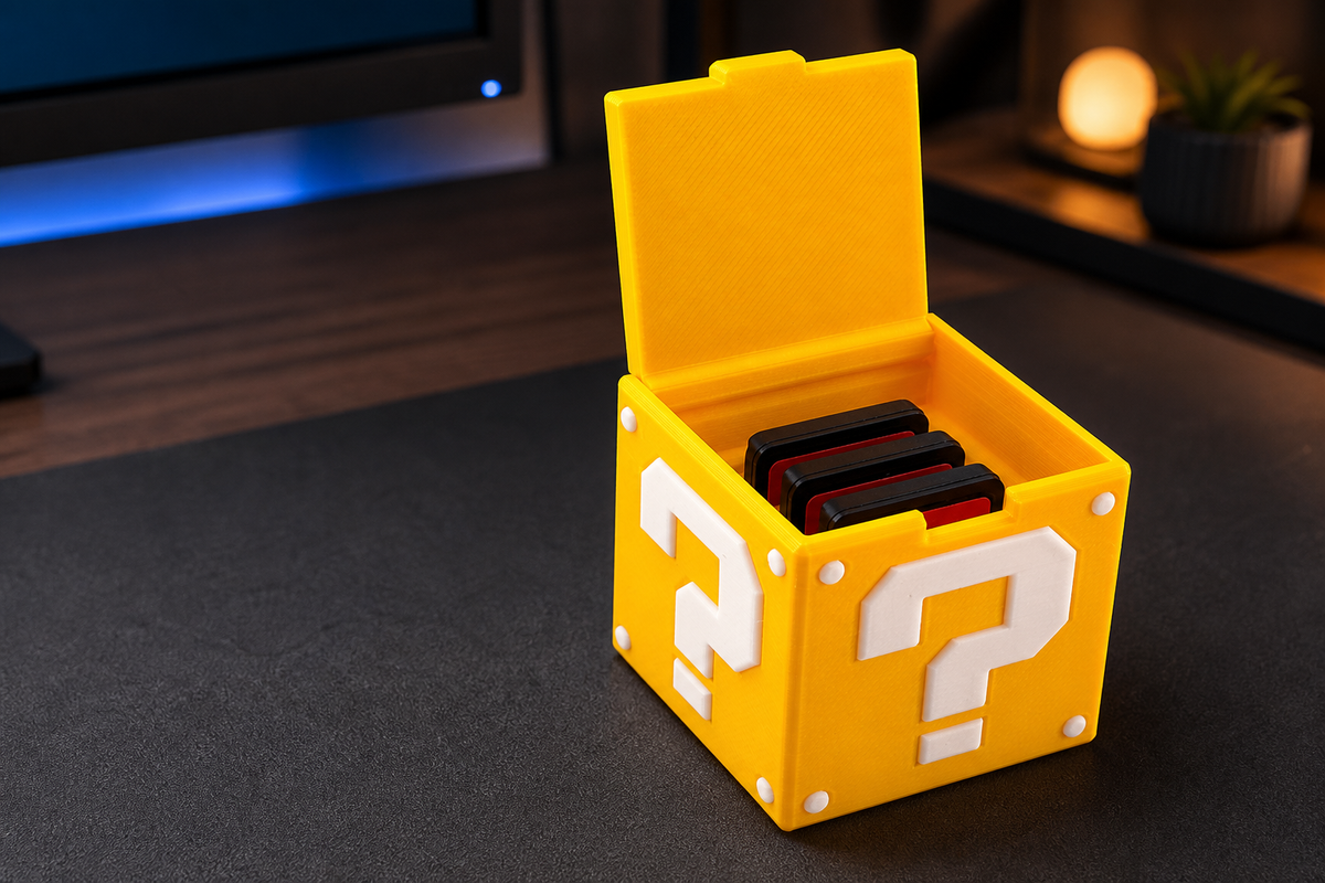Open yellow question-style magnetic game cartridge holder on a gaming desk with three generic game cards