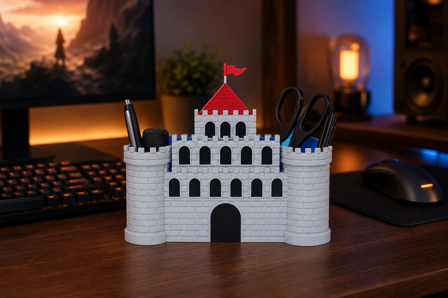 Gray castle-style desk organizer holding pens and scissors on a warm gaming desk