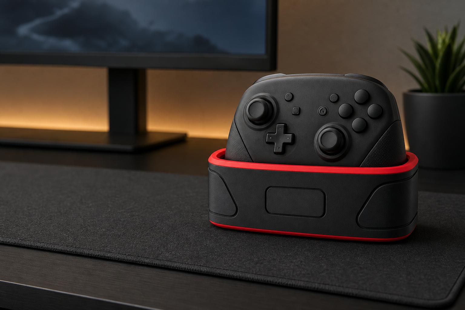 Black and red controller charging dock with a generic controller on a dark gaming desk