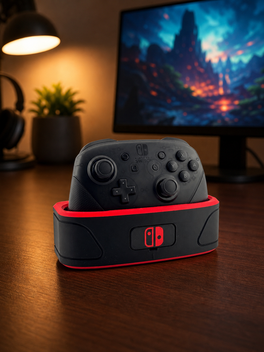 Black Nintendo Switch Pro Controller in a black-and-red charging dock on a warm, modern gaming desk