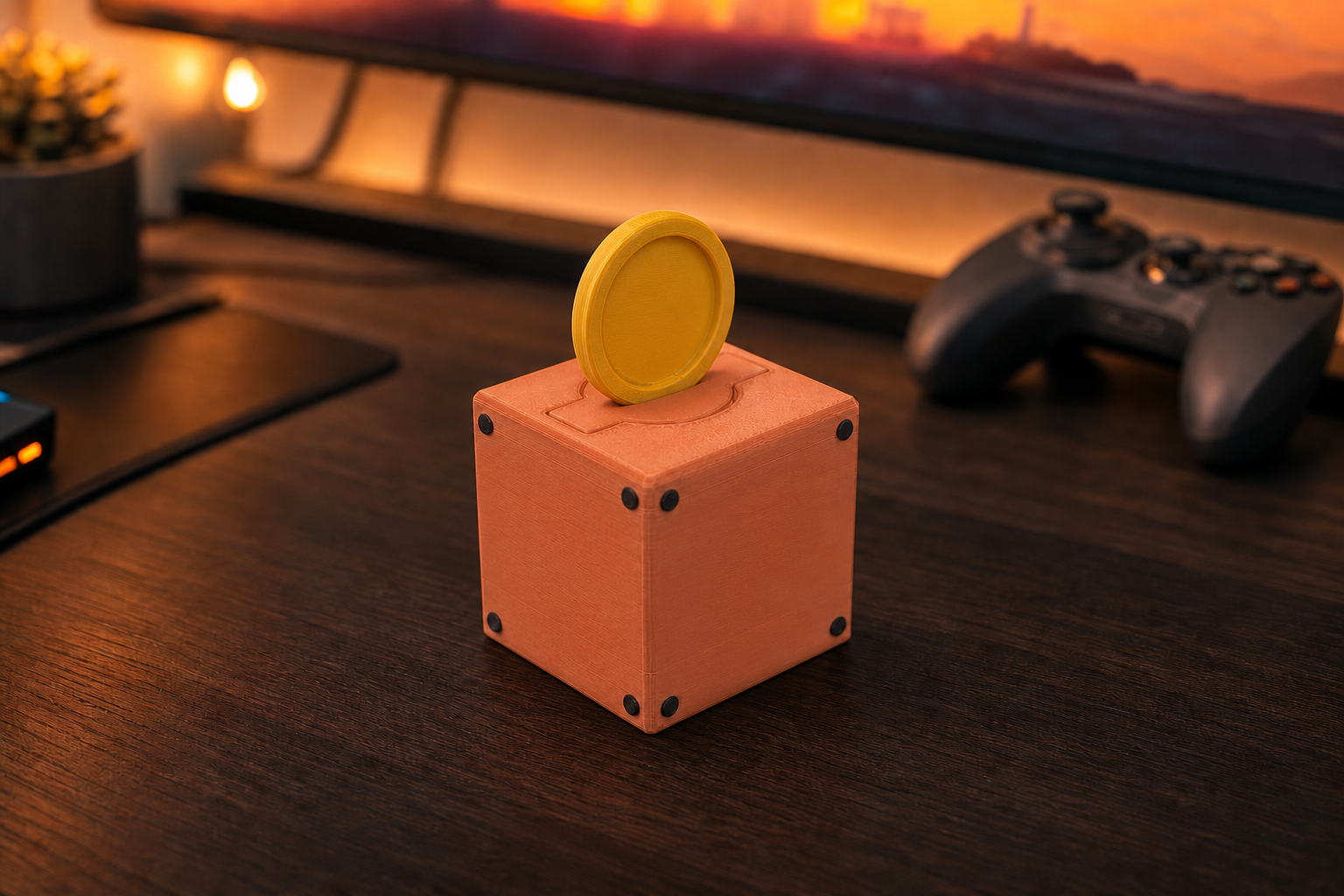 Coin-style magnetic trinket holder with its coin attachment attached on a warm gaming desk