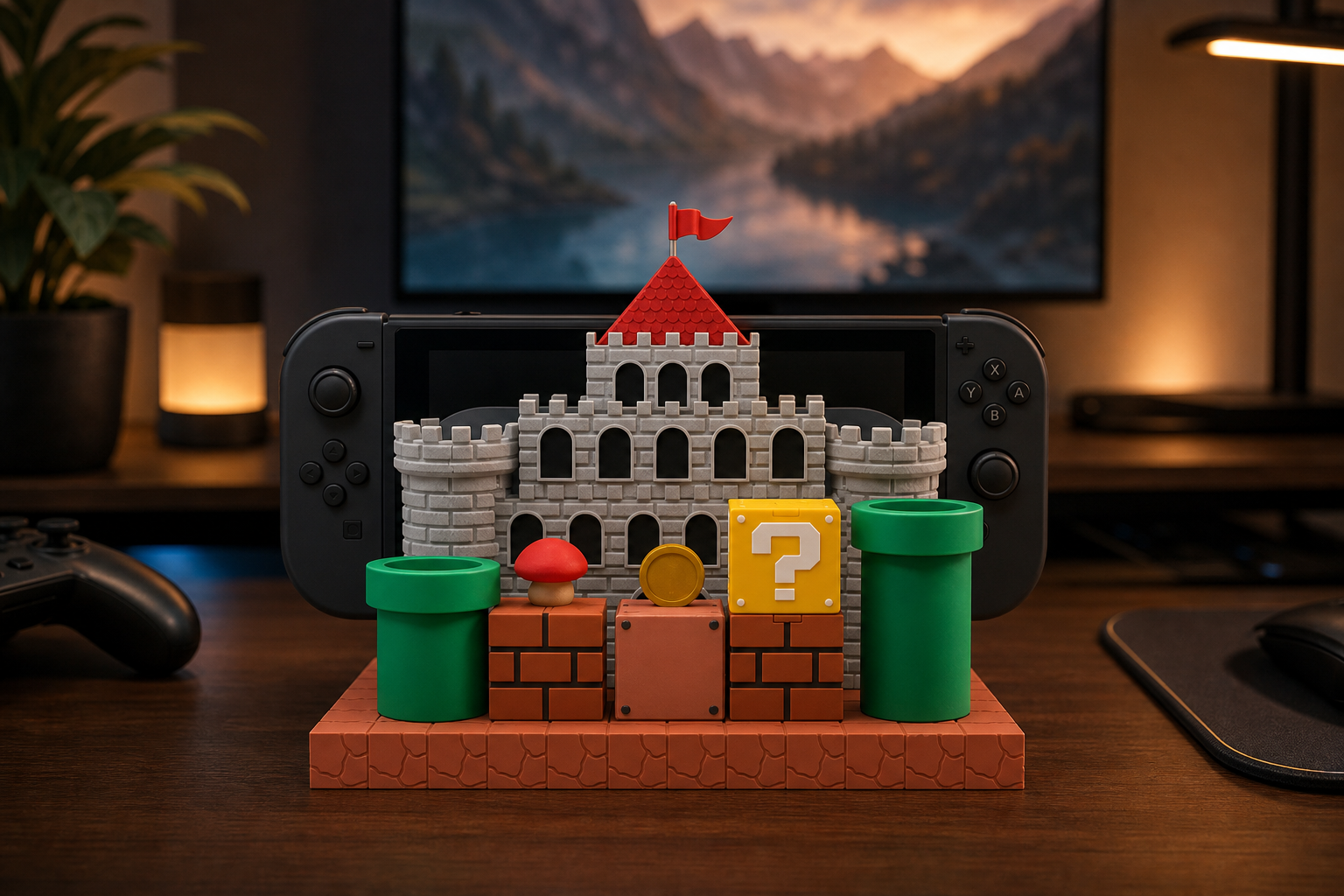 Full pixel-style desk accessory bundle arranged around a generic handheld gaming device on a warm gaming desk