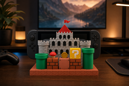 Full pixel-style desk accessory bundle arranged around a generic handheld gaming device on a warm gaming desk