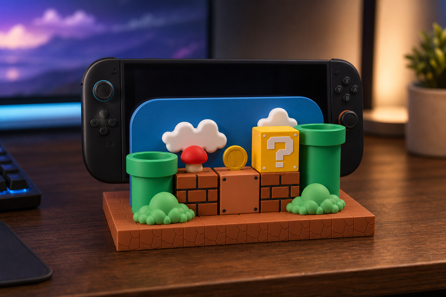Deluxe pixel-style desk accessory set arranged around a generic handheld gaming device on a warm gaming desk