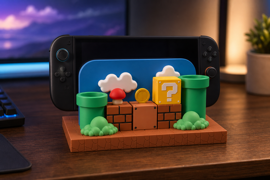 Deluxe pixel-style desk accessory set arranged around a generic handheld gaming device on a warm gaming desk