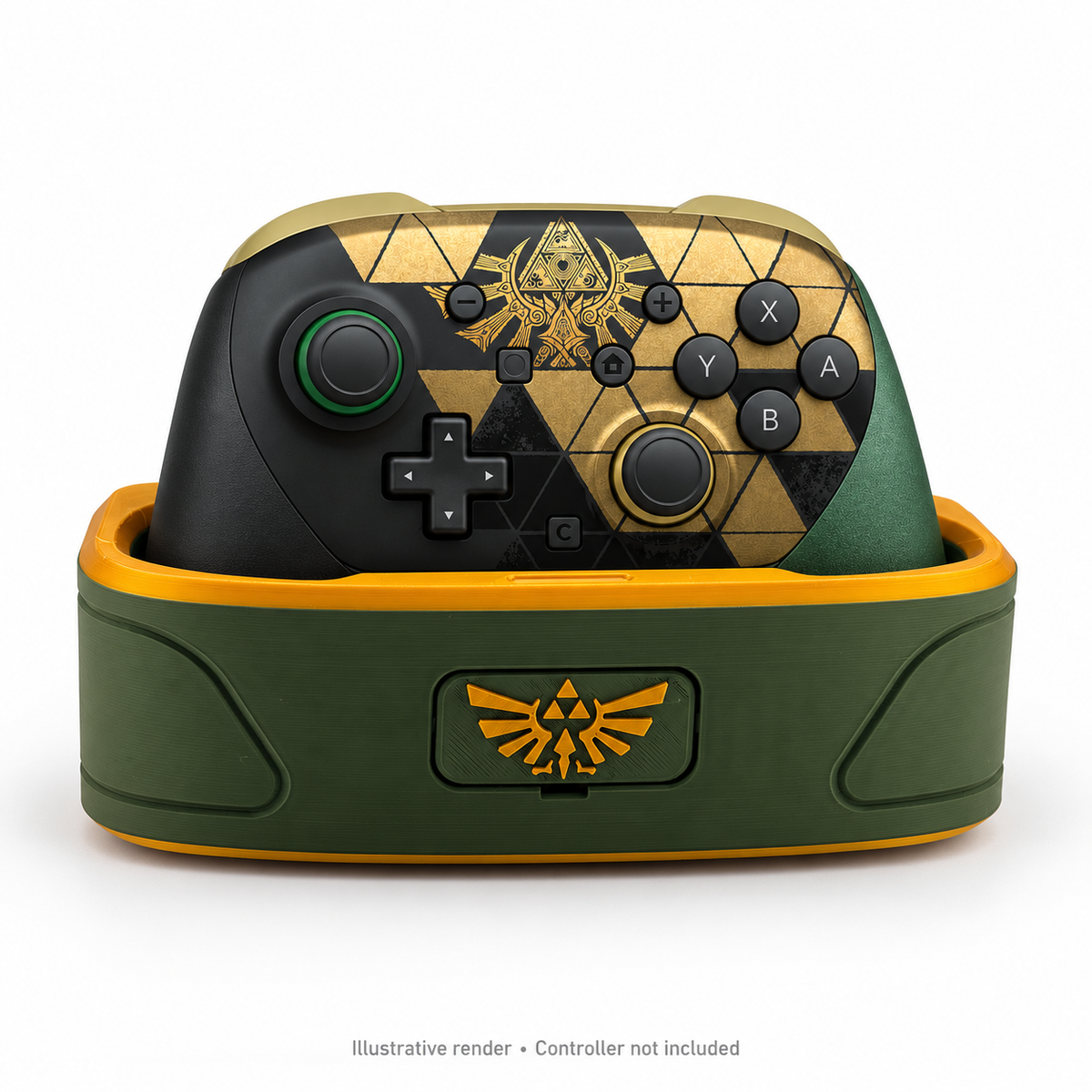 Illustrative render of the green and gold dock with Zelda 40th Anniversary controller; controller not included