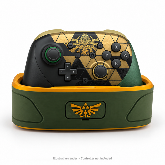 Illustrative render of the green and gold dock with Zelda 40th Anniversary controller; controller not included