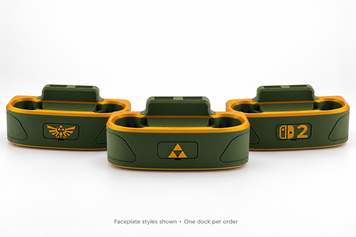 Composite showing three included faceplate styles; one dock and four faceplates per order