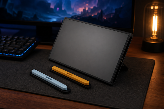 Orange and sky blue magnetic controller-slot dust covers displayed beside a compatible Nintendo Switch 2 dock on a gaming desk.