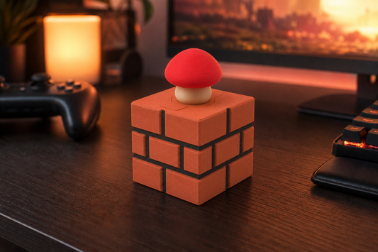 Brick-pattern trinket holder with its mushroom accent attached on a warm gaming desk