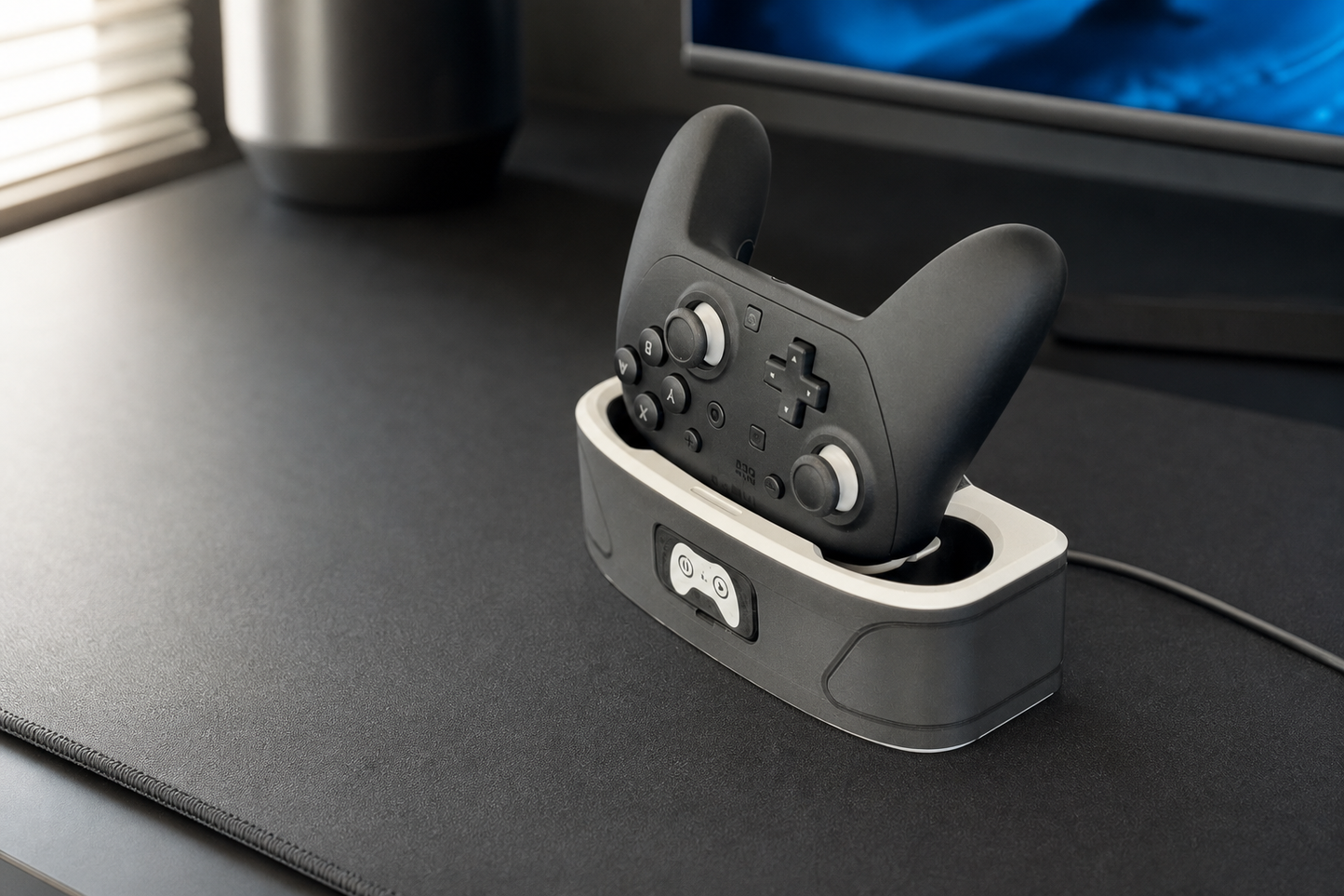 Personalized controller charging dock and display stand with a generic controller on a modern gaming desk