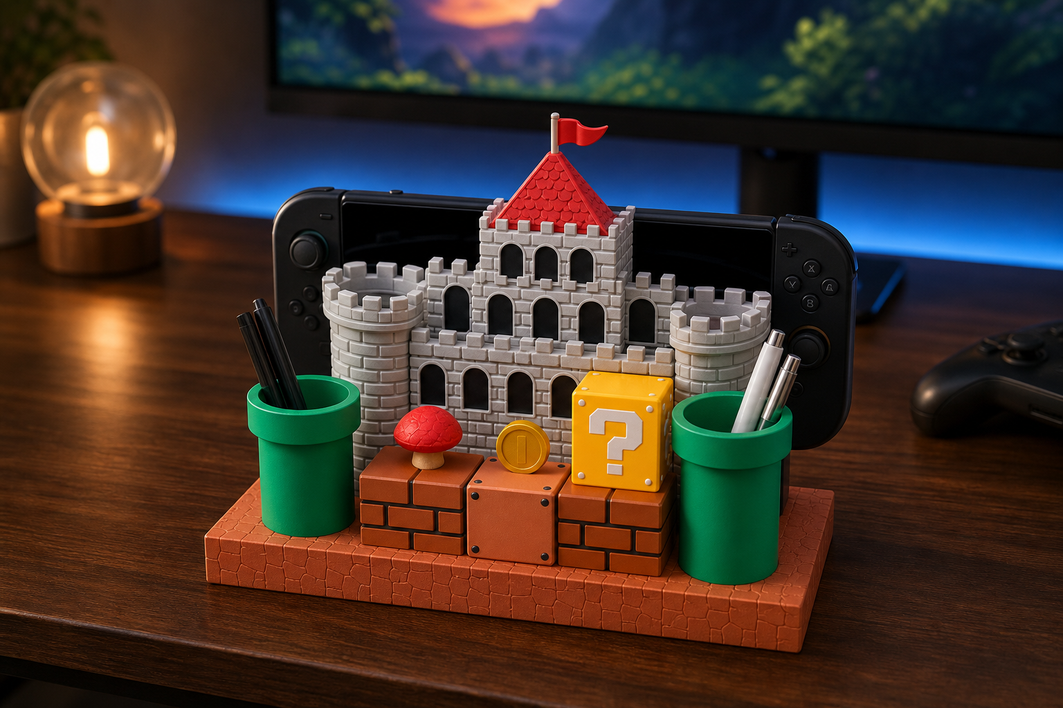 Premium pixel-style desk accessory display arranged around a generic handheld gaming device on a warm gaming desk