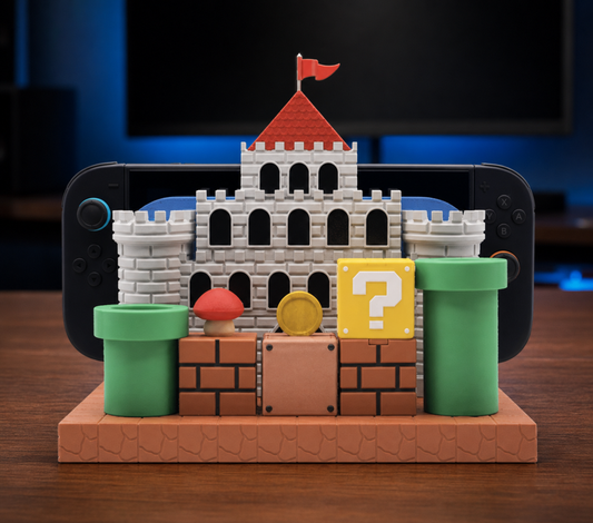 Premium pixel-style console dock accessory set displayed on a gaming desk with a handheld console