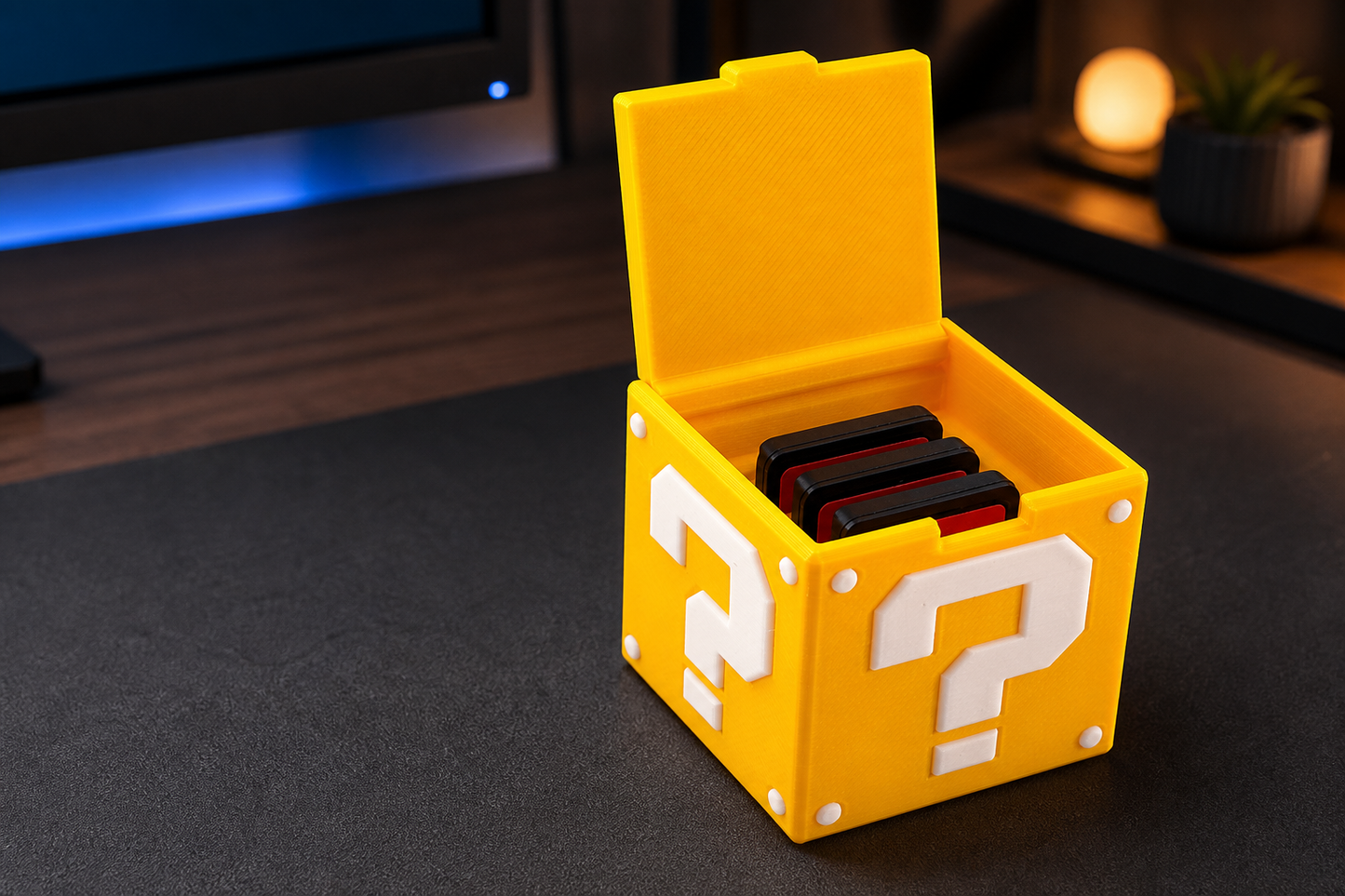 Open yellow question-style magnetic game cartridge holder on a gaming desk with three generic game cards