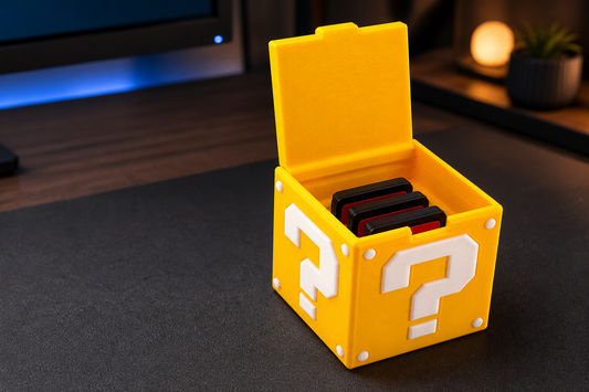 Open yellow question-style magnetic game cartridge holder on a gaming desk with three generic game cards