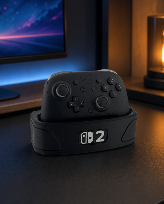 Nintendo Switch 2 Pro Controller in the Pause & Play charging dock on a gaming desk