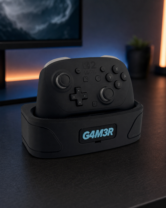 Nintendo Switch 2 Pro Controller in a personalized Pause & Play charging dock with GAM3R gamer tag